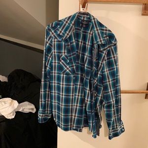 American Eagle western button down plaid XL blue